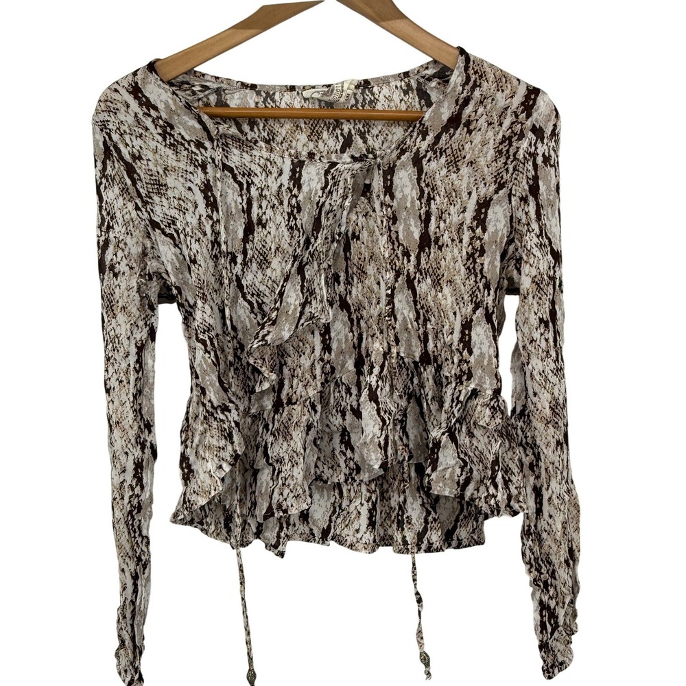 Muche et Muchette‎ Snakeskin Print Ruffle Tie Front Peplum Blouse Brown Tan S/M